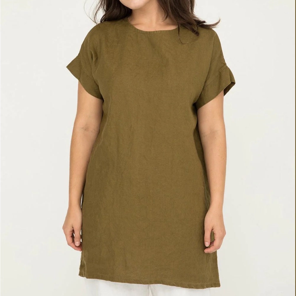 Elizabeth Suzann Olive Green Short Sleeve Linen Shift Dress